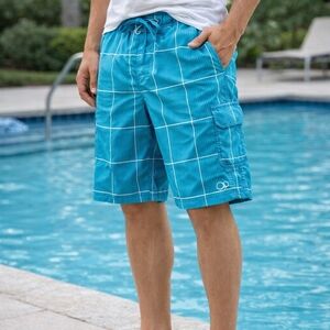 OP Aqua Blue Plaid Swim Trunks Men L Drawstring Lined Board Shorts Pool Beach
